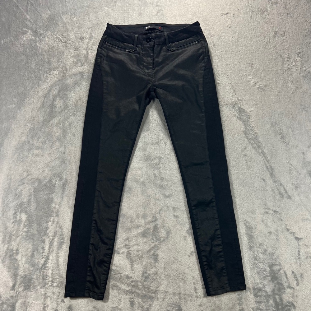3x1 W1 Skinny Jeans Womens‎ 27x25 Black Made in USA Coated Moto Side Panel Biker